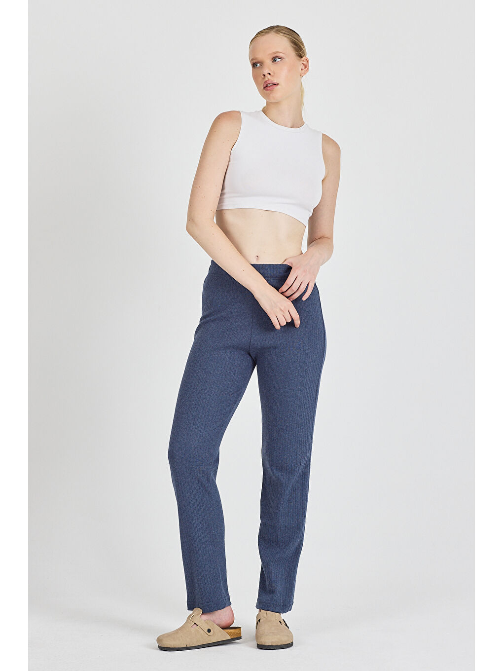 Kadın İndigo Yüksek Bel Fitilli Bol Paça Günlük İnce Eşofman Altı Pijama-3