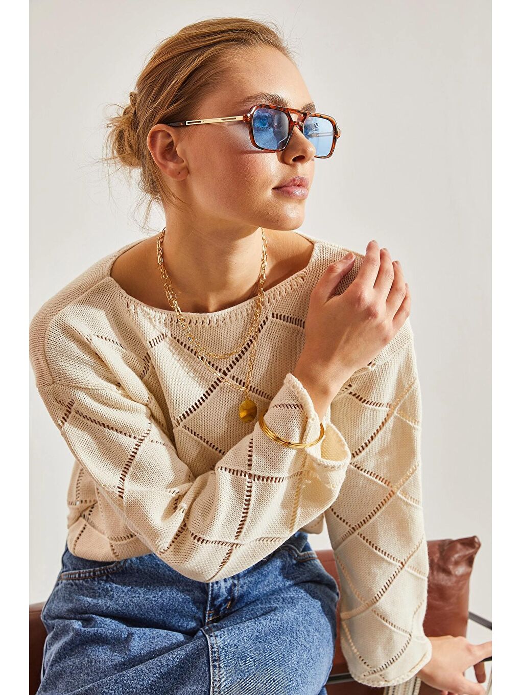 Bej Kadın Baklava Desenli Triko Kazak-1