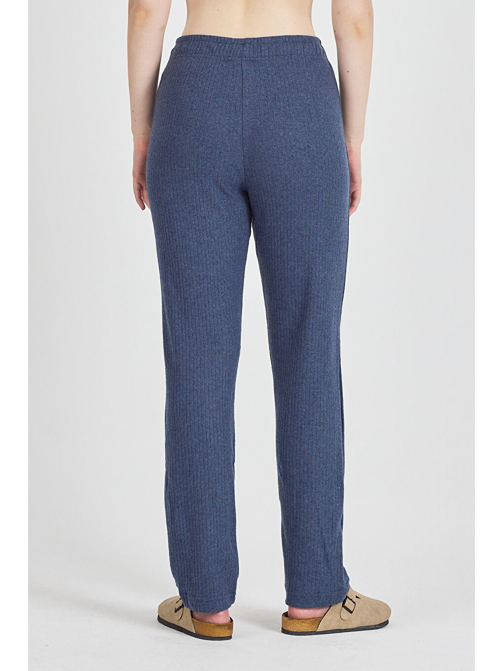 Kadın İndigo Yüksek Bel Fitilli Bol Paça Günlük İnce Eşofman Altı Pijama-5