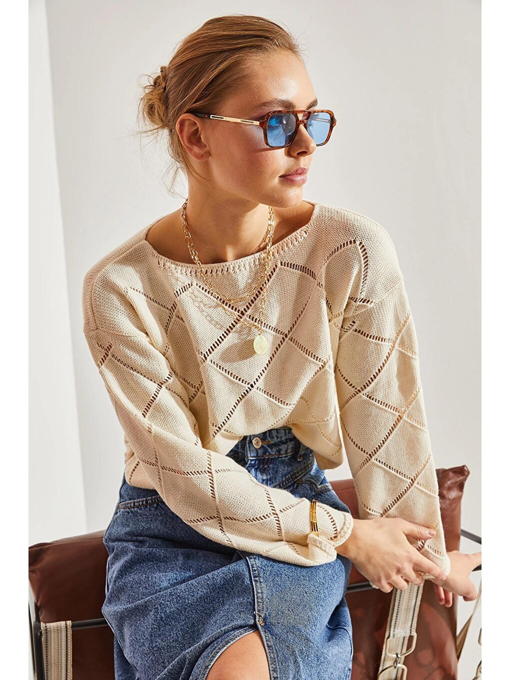 Bej Kadın Baklava Desenli Triko Kazak-2