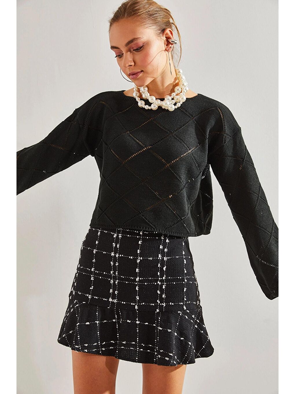 Siyah Kadın Baklava Desenli Triko Kazak-2