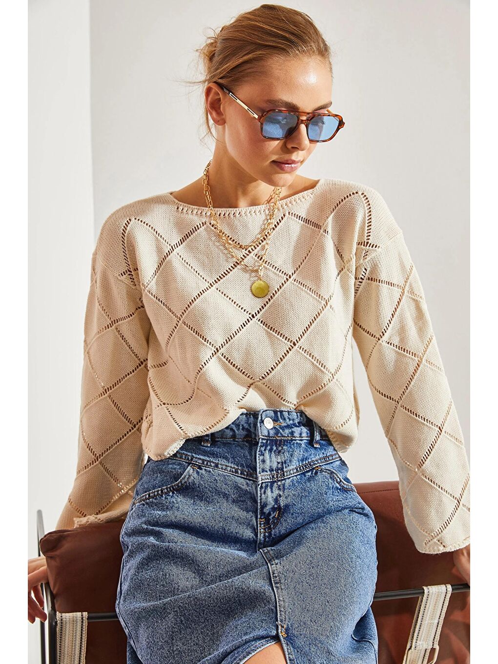 Bej Kadın Baklava Desenli Triko Kazak-3