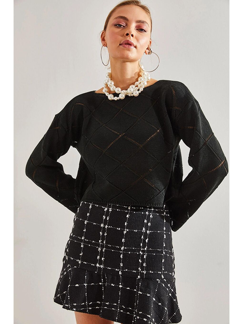 Siyah Kadın Baklava Desenli Triko Kazak-3