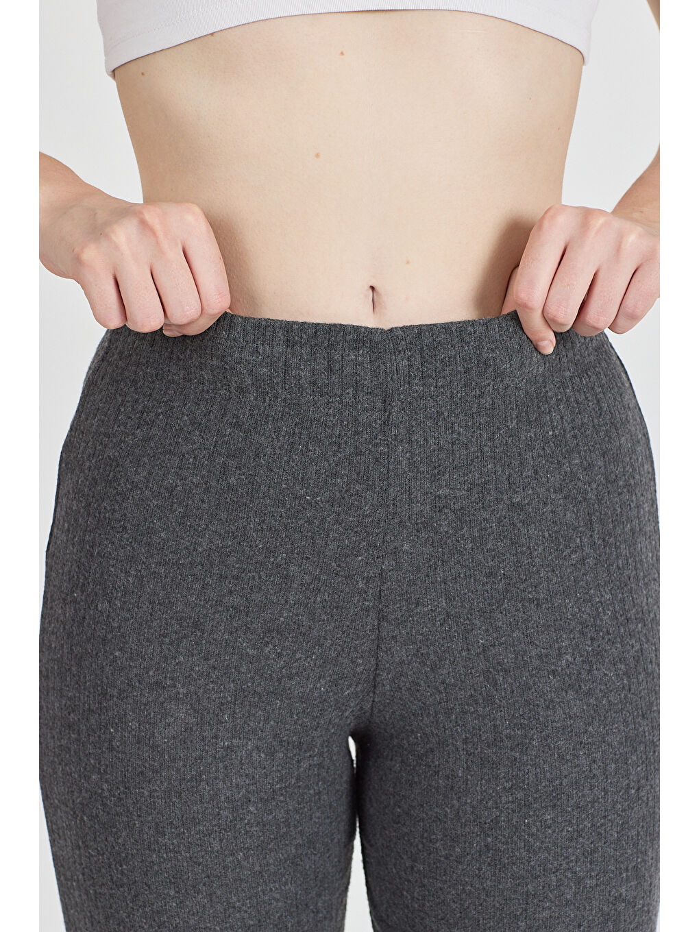 Gri Kadın Füme Yüksek Bel Fitilli Bol Paça Günlük İnce Eşofman Altı Pijama-5