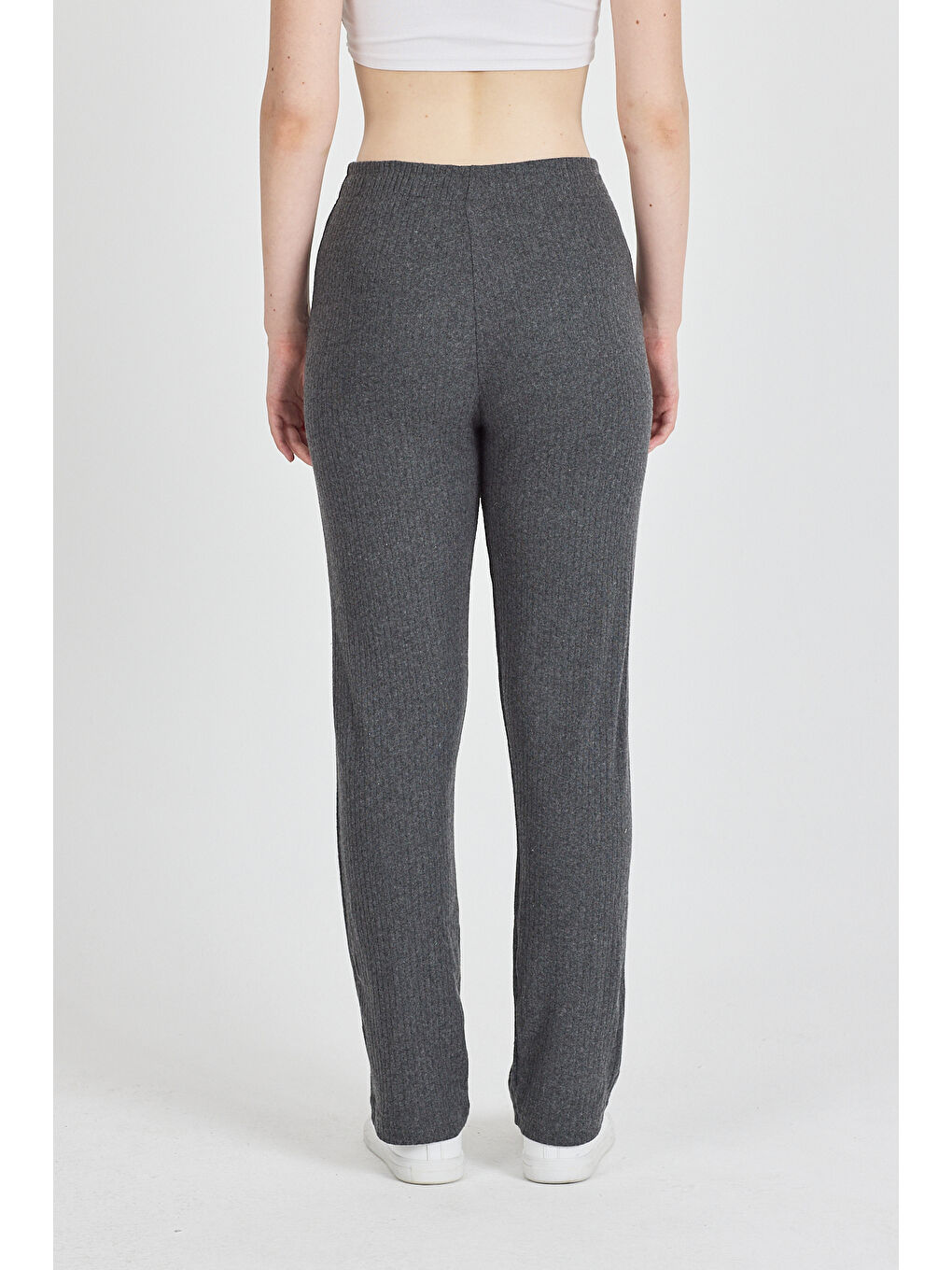 Gri Kadın Füme Yüksek Bel Fitilli Bol Paça Günlük İnce Eşofman Altı Pijama-6