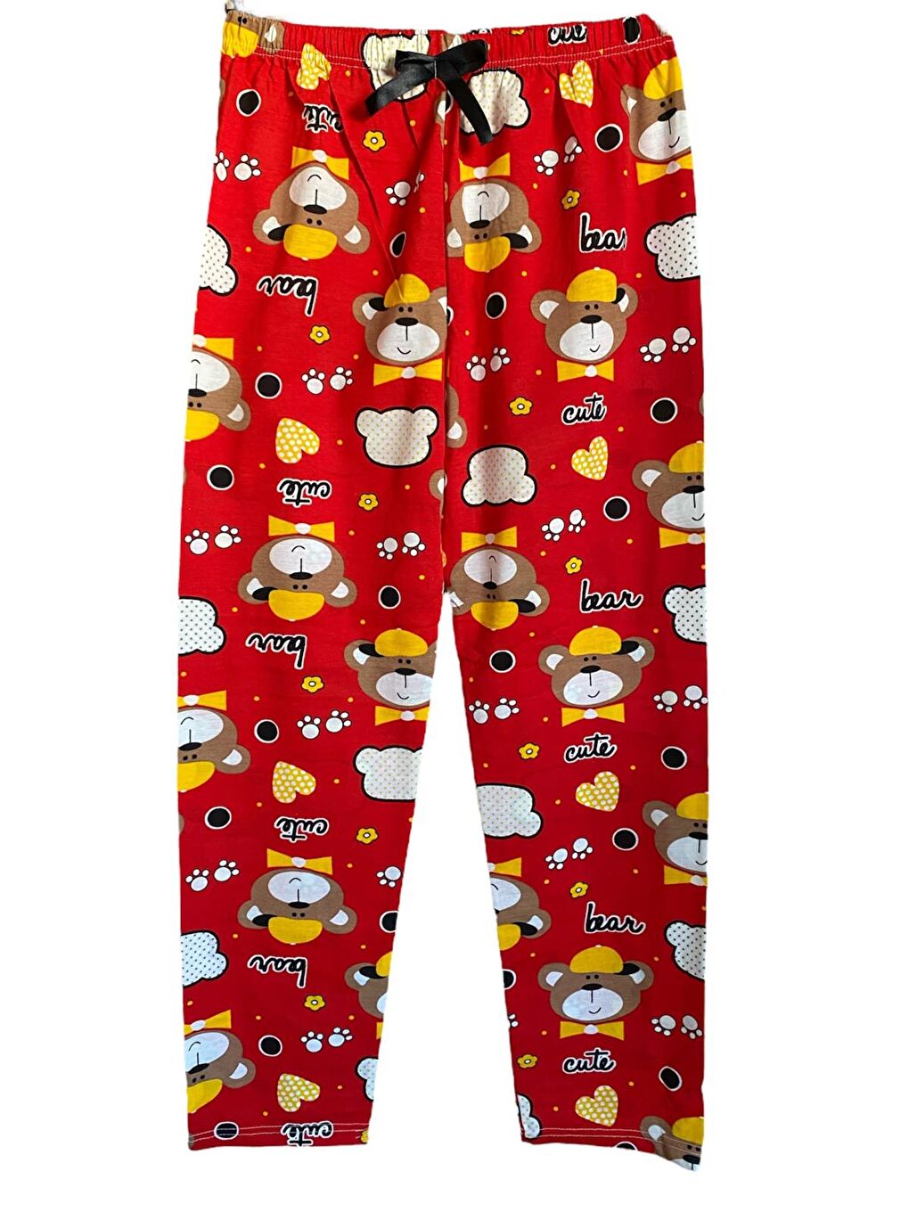 Kadın Kırmızı Sarı Ayıcık Desenli Pamuklu Lastikli Rahat Pijama Altı