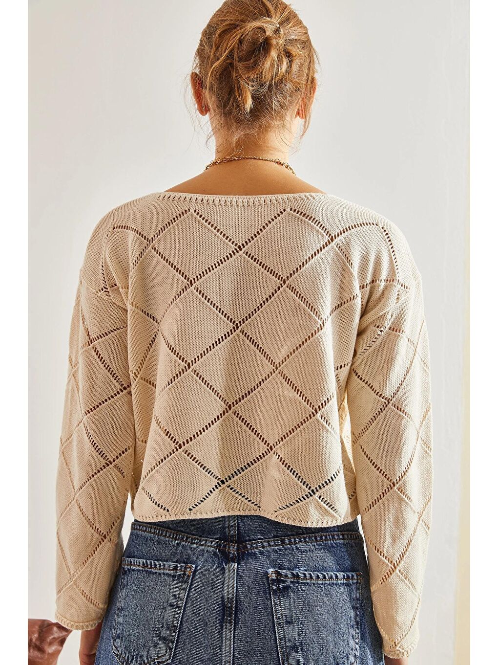 Bej Kadın Baklava Desenli Triko Kazak-4