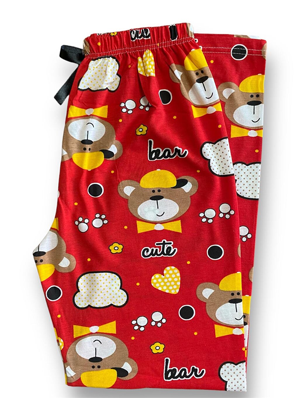Kadın Kırmızı Sarı Ayıcık Desenli Pamuklu Lastikli Rahat Pijama Altı-1