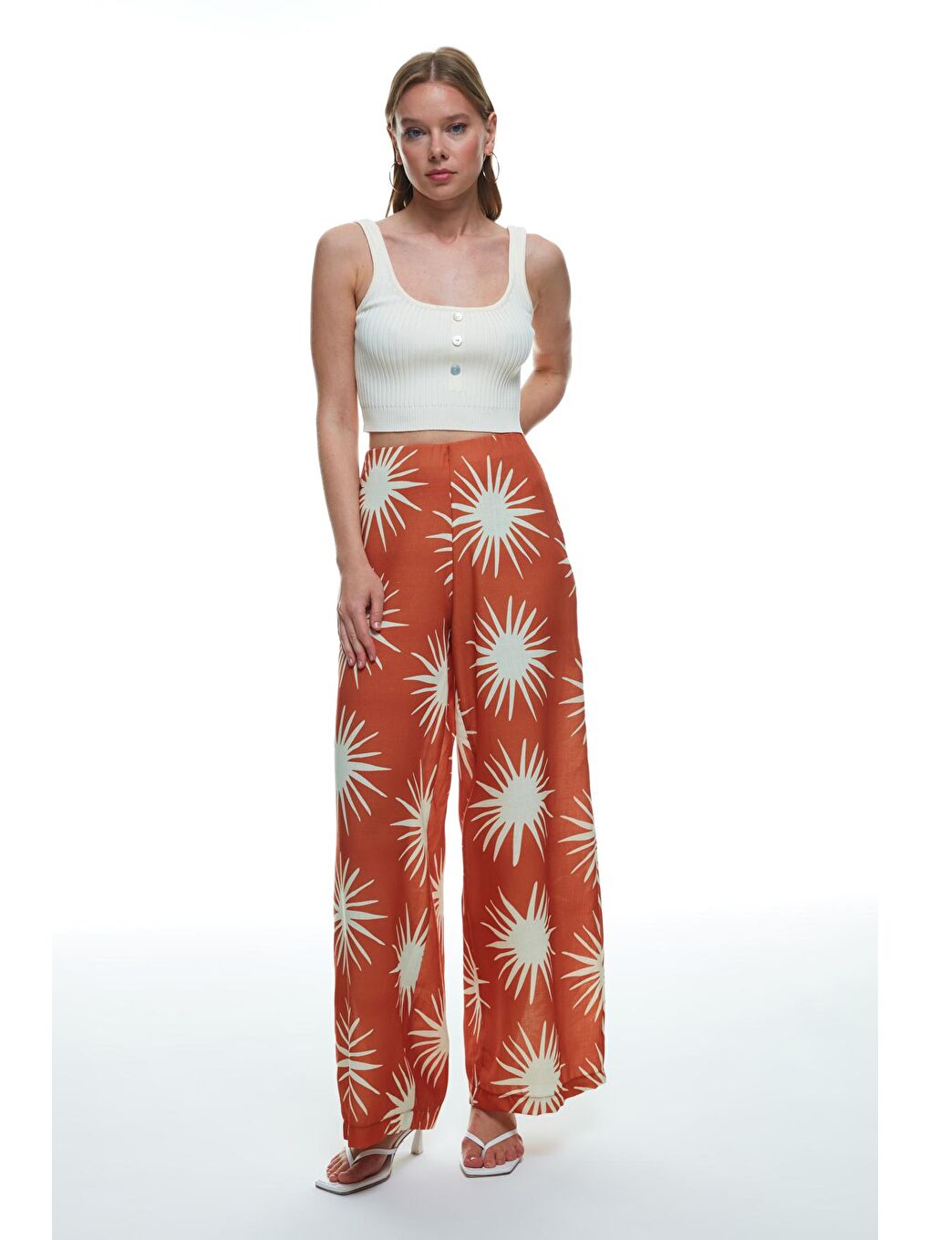 Kahverengi Desenli Yüksek Bel Bol Paça Pantolon Kiremit