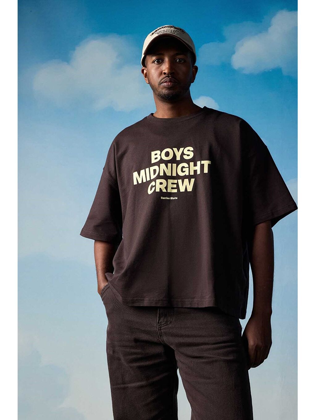 Erkek Boxy Fit Bisiklet Yaka Yazı Baskılı T-Shirt Kahverengi-2