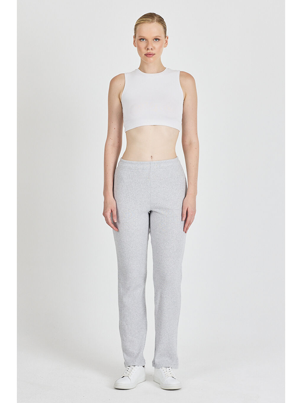 Kadın Gri Yüksek Bel Fitilli Bol Paça Günlük İnce Eşofman Altı Pijama-2