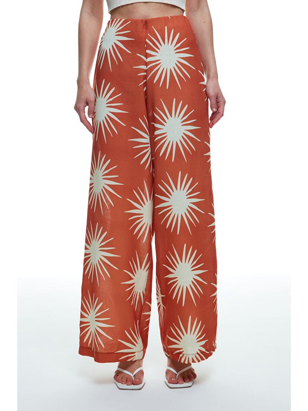 Kahverengi Desenli Yüksek Bel Bol Paça Pantolon Kiremit-2