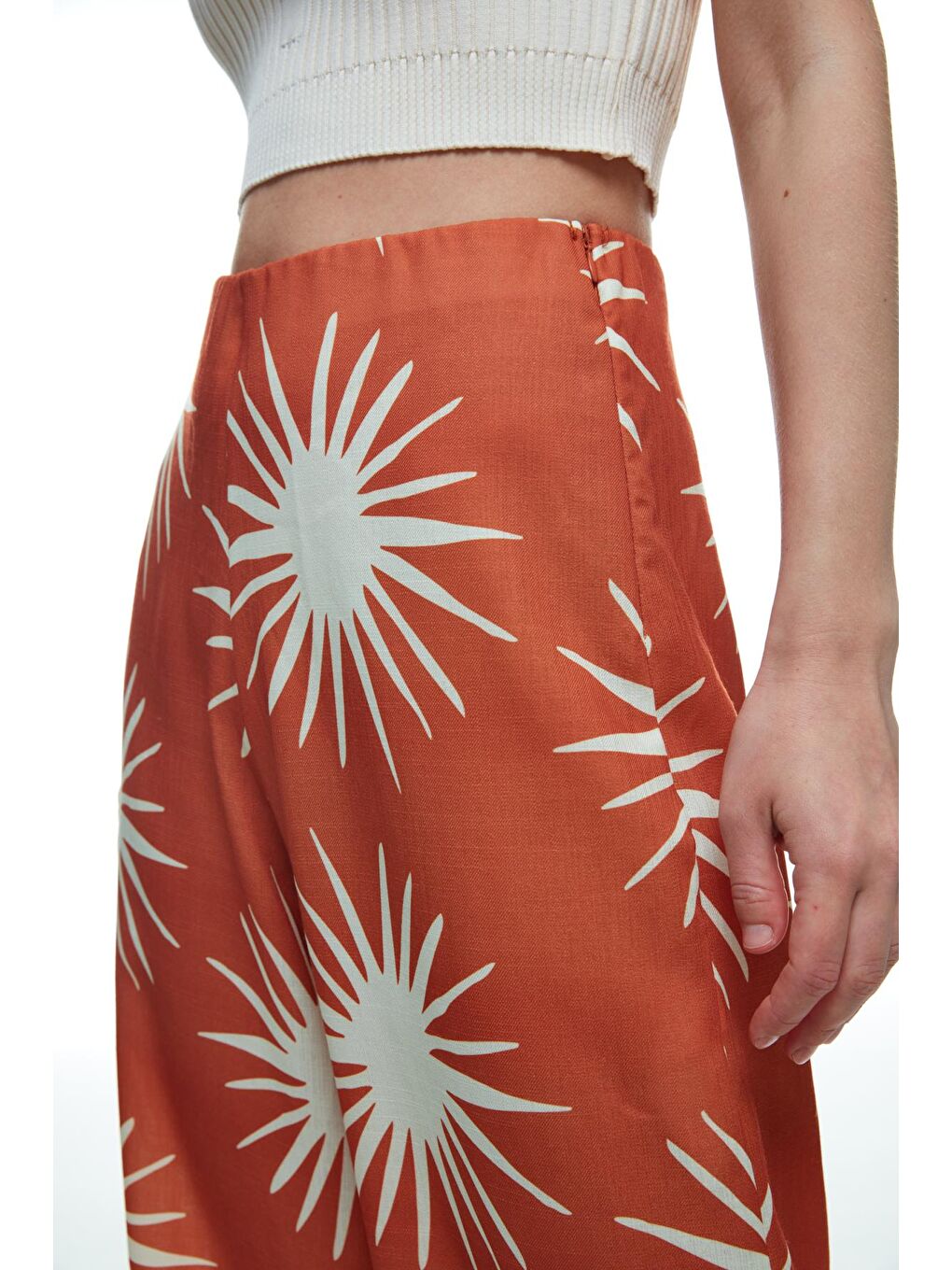 Kahverengi Desenli Yüksek Bel Bol Paça Pantolon Kiremit-3