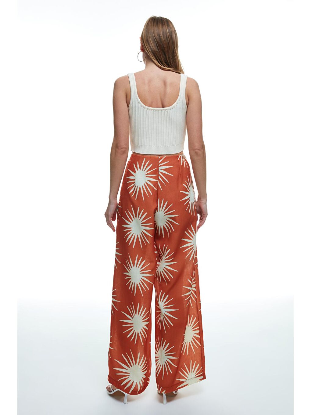 Kahverengi Desenli Yüksek Bel Bol Paça Pantolon Kiremit-4