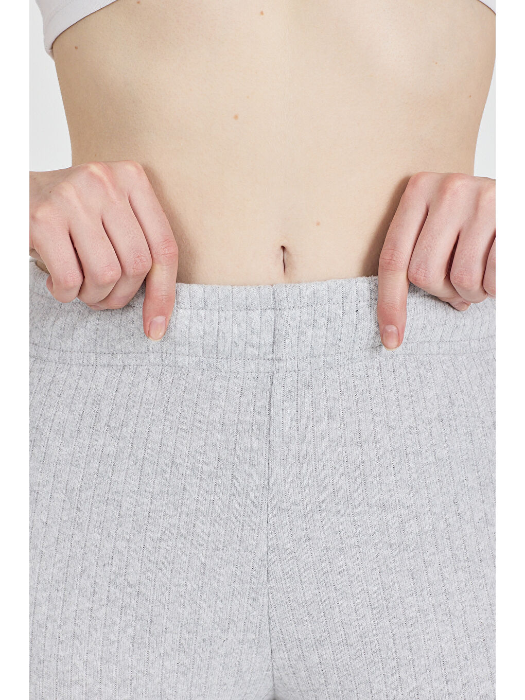 Kadın Gri Yüksek Bel Fitilli Bol Paça Günlük İnce Eşofman Altı Pijama-4