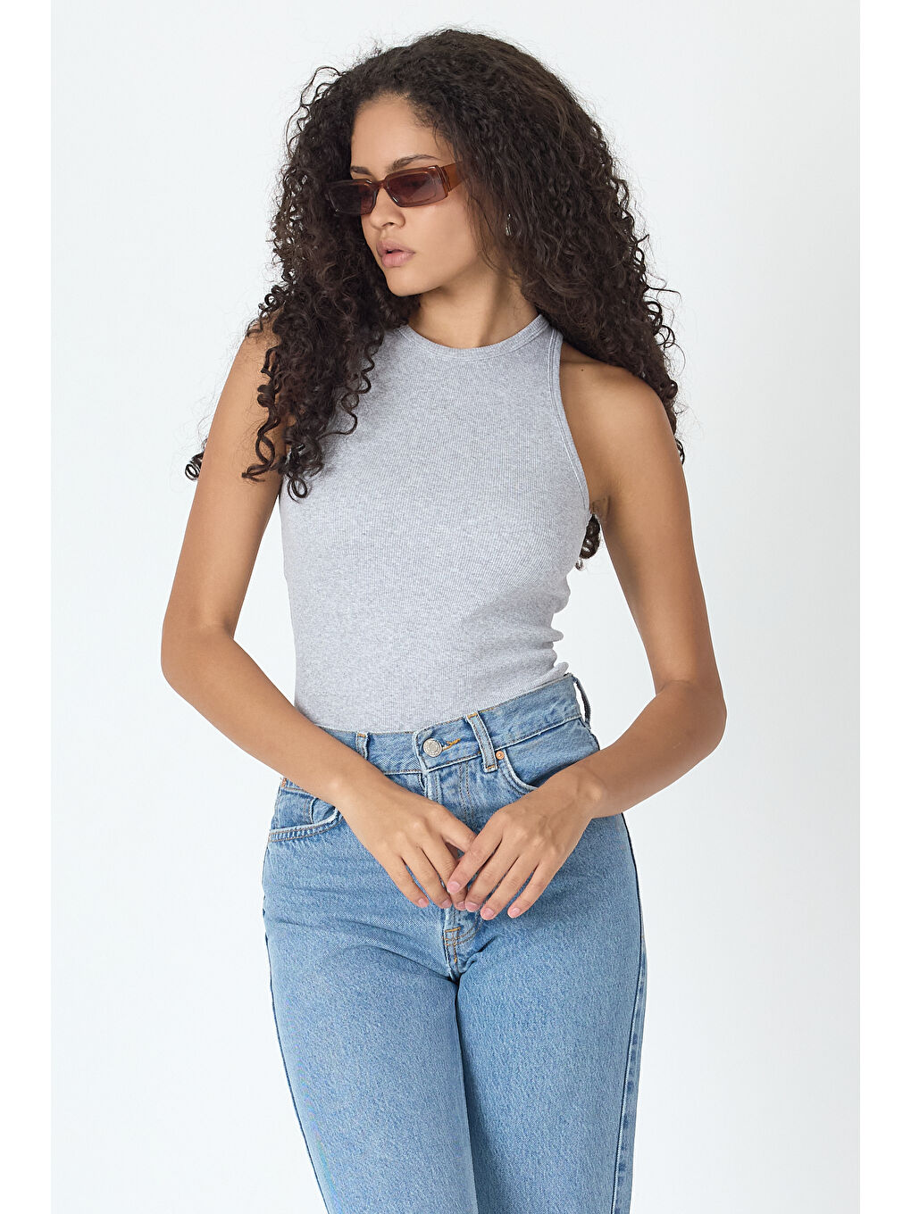 Gri Fitilli Regular Fit Normal Kalıp Siyah-Beyaz Bisiklet Yaka Sıfır Kol Pamuklu 2'li Kadın Atlet-3