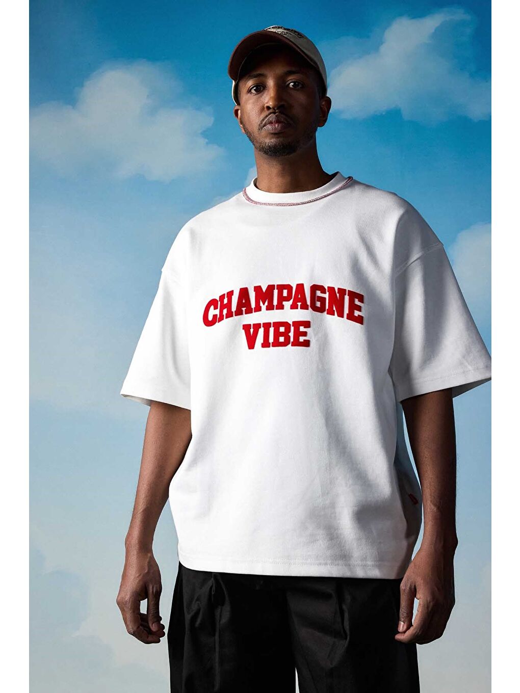 Erkek Oversize Premium Kontrast Yaka Baskılı T-Shirt Ekru-2