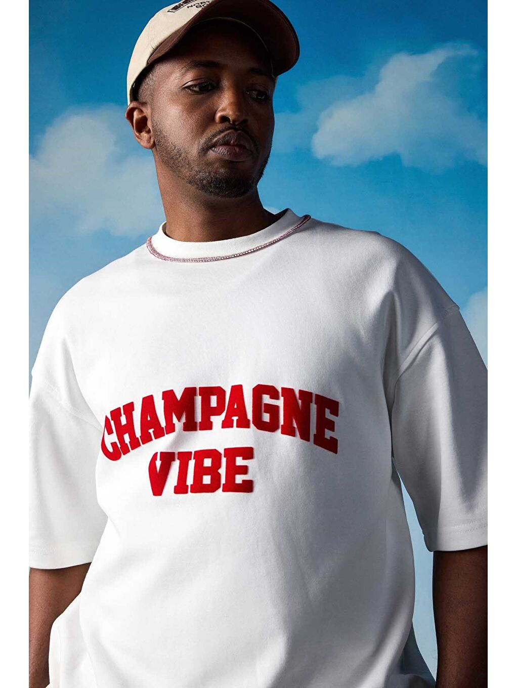 Erkek Oversize Premium Kontrast Yaka Baskılı T-Shirt Ekru-3