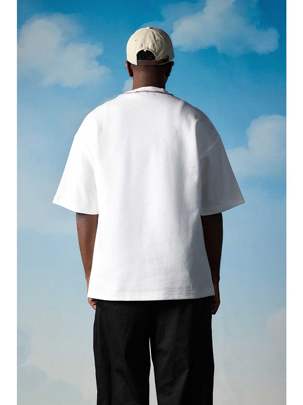 Erkek Oversize Premium Kontrast Yaka Baskılı T-Shirt Ekru-4