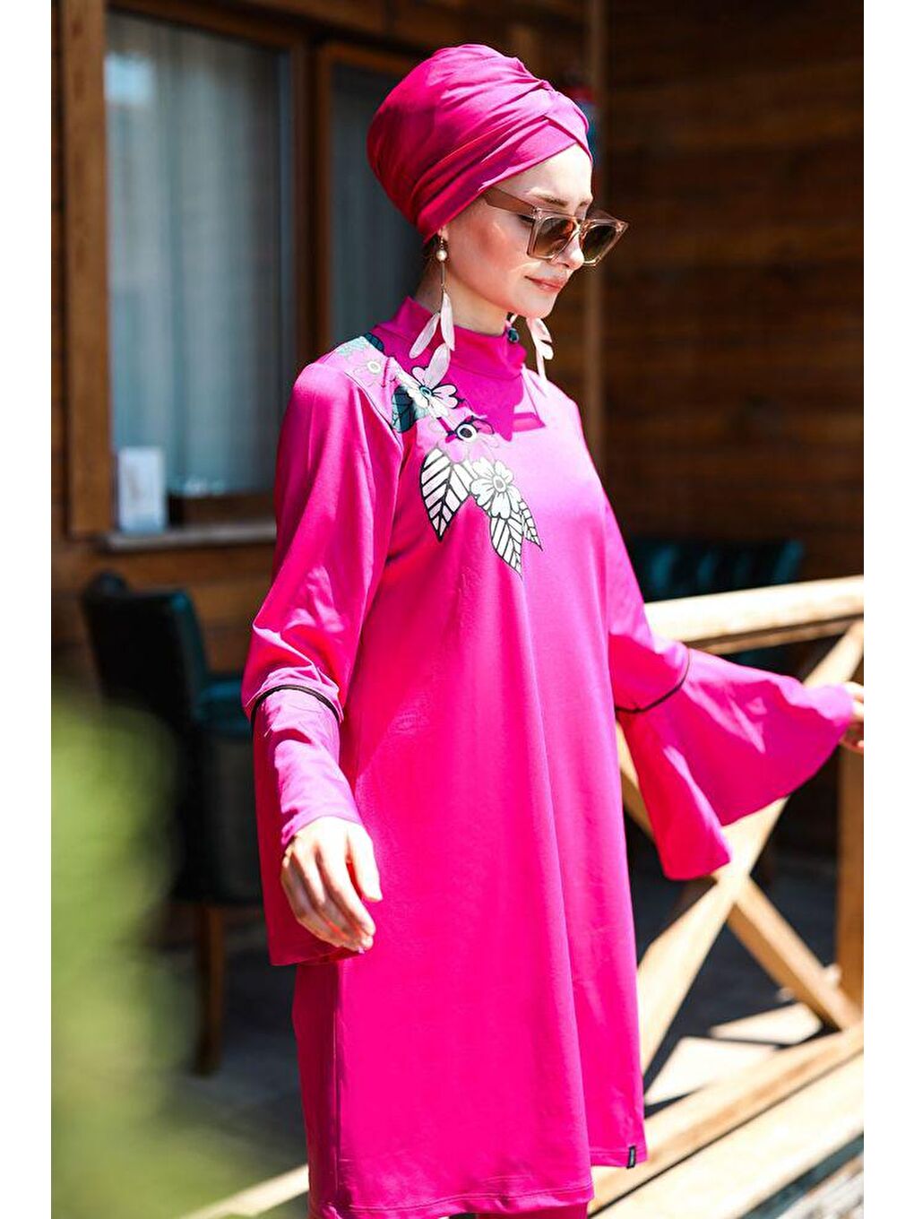 4'lü Fuşya Çiçek Detaylı Tam Kapalı Tesettür Mayo M2008-2
