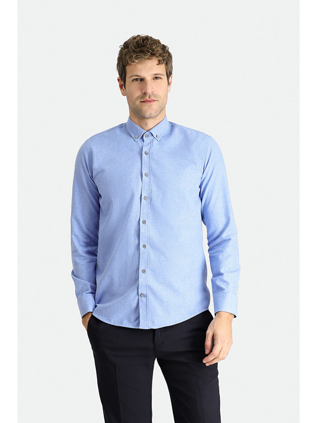 Mavi Uzun Kol Slim Fit Dar Kesim Oduncu Pamuklu Düğmeli Yaka Büyük Beden Oduncu Gömlek-2