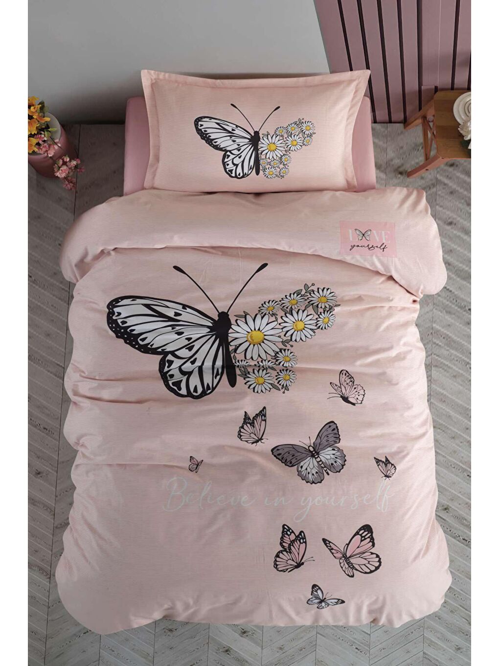 Pembe %100 Pamuk Nevresim Takımı Tek Kişilik Daisy Love Somon