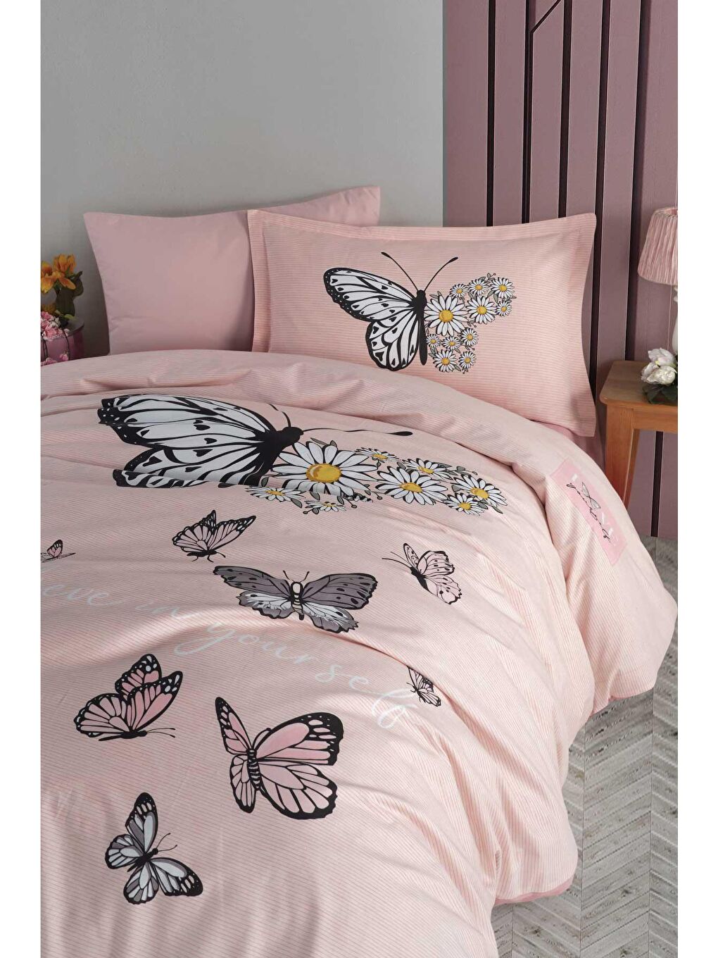 Pembe %100 Pamuk Nevresim Takımı Tek Kişilik Daisy Love Somon-1