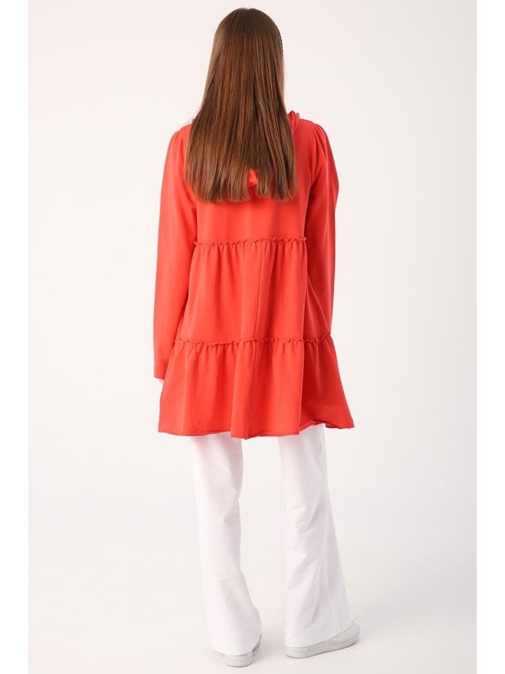 Kırmızı Nar Çiçeği Fırfırlı Neon Detaylı Kapüşonlu Örme Hırka-3