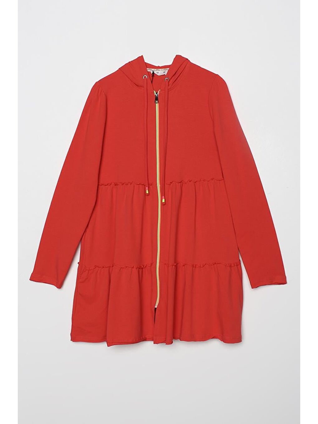 Kırmızı Nar Çiçeği Fırfırlı Neon Detaylı Kapüşonlu Örme Hırka-4