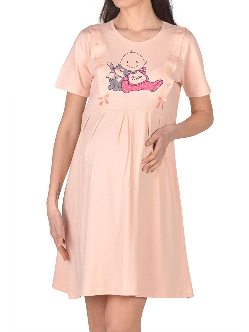 Pembe Somon Hamile Tunik Gecelik Kısa Kollu Elastanlı