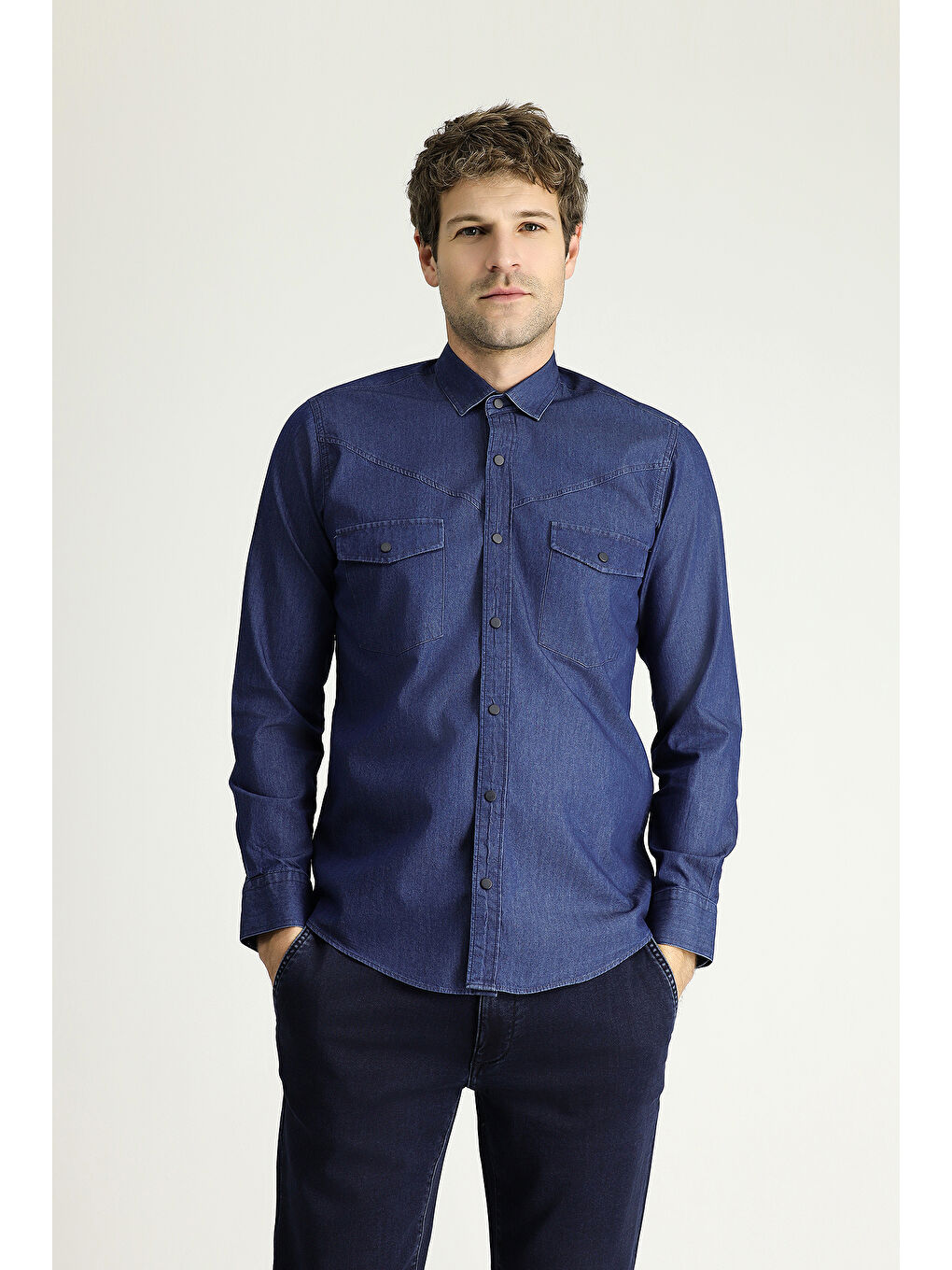 İndigo Uzun Kol Slim Fit Dar Kesim Denim Pamuk Gömlek-2