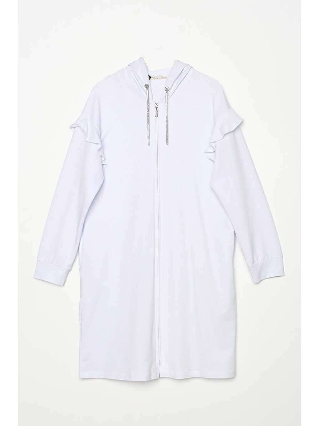 Beyaz Pamuklu Omzu Volanlı Kapüşonlu Simli Bağcık Detaylı Fermuarlı Hırka-6