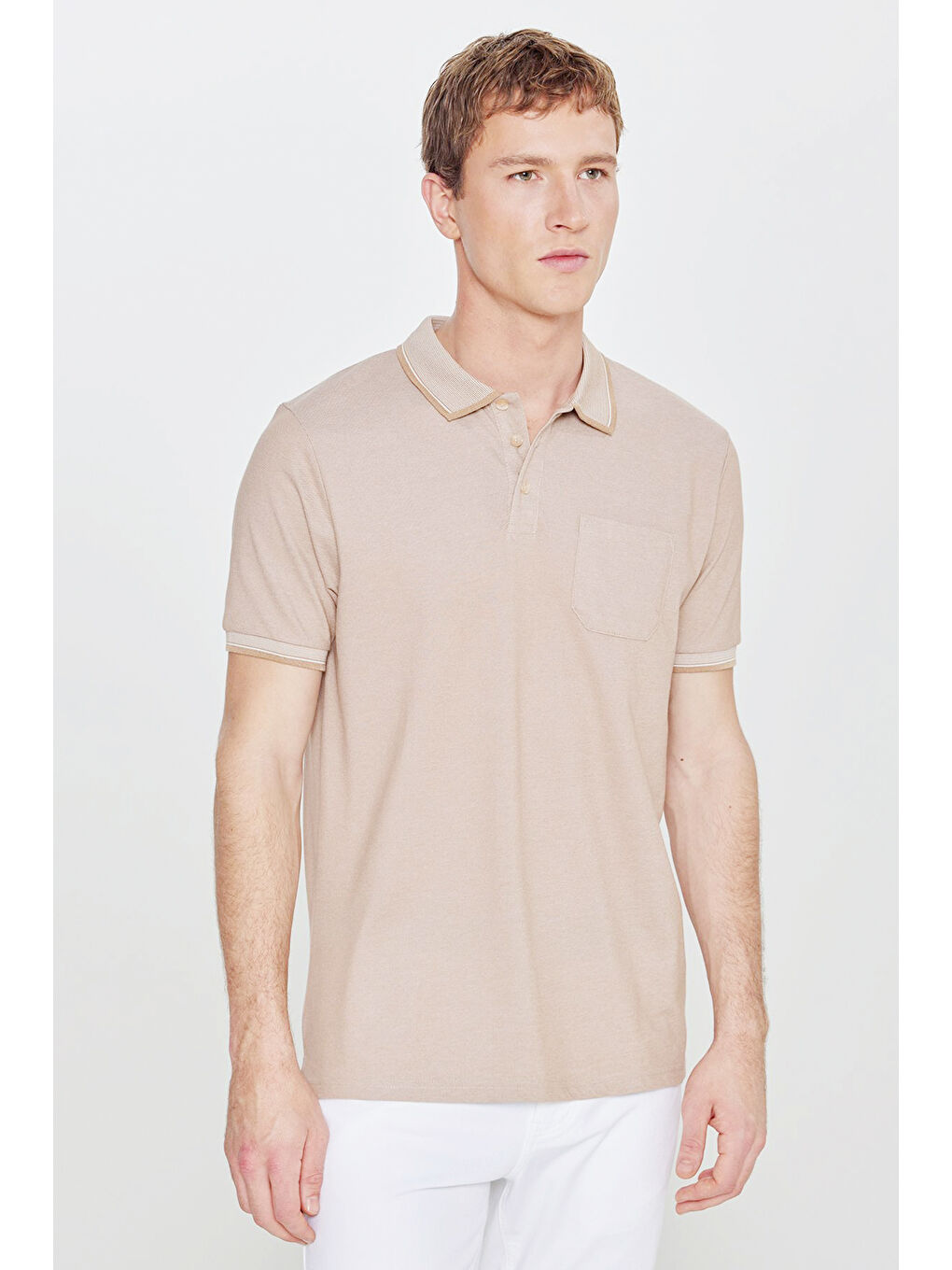 Bej Erkek Vizon Pamuklu Comfort Fit Rahat Kesim Polo Yaka Cepli Tişört-3