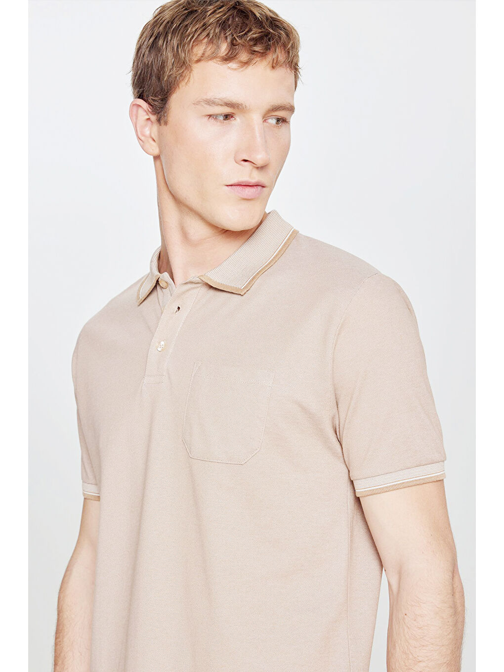 Bej Erkek Vizon Pamuklu Comfort Fit Rahat Kesim Polo Yaka Cepli Tişört-4