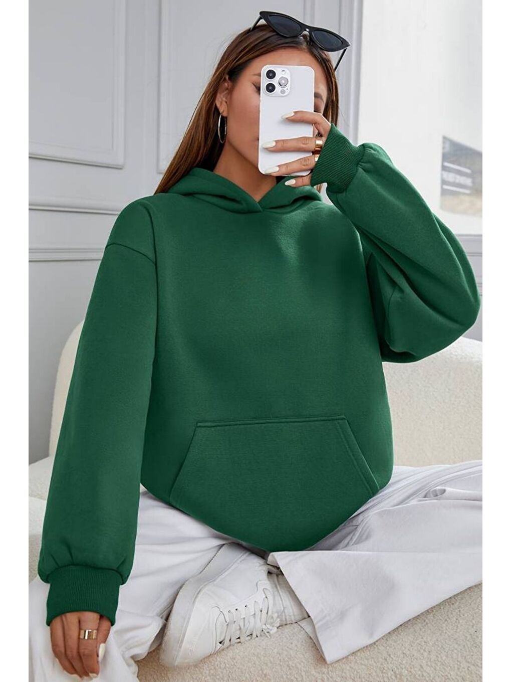 Kadın Nefti Yeşili Düz Oversize Kapüşonlu Sweatshirt Hoodie