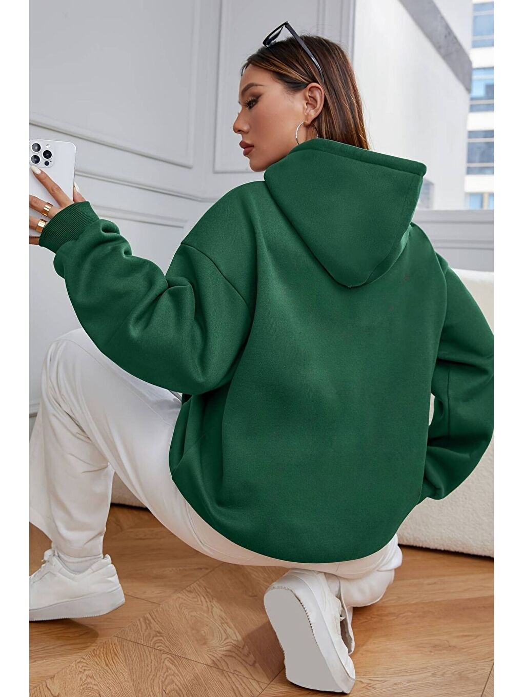 Kadın Nefti Yeşili Düz Oversize Kapüşonlu Sweatshirt Hoodie-1