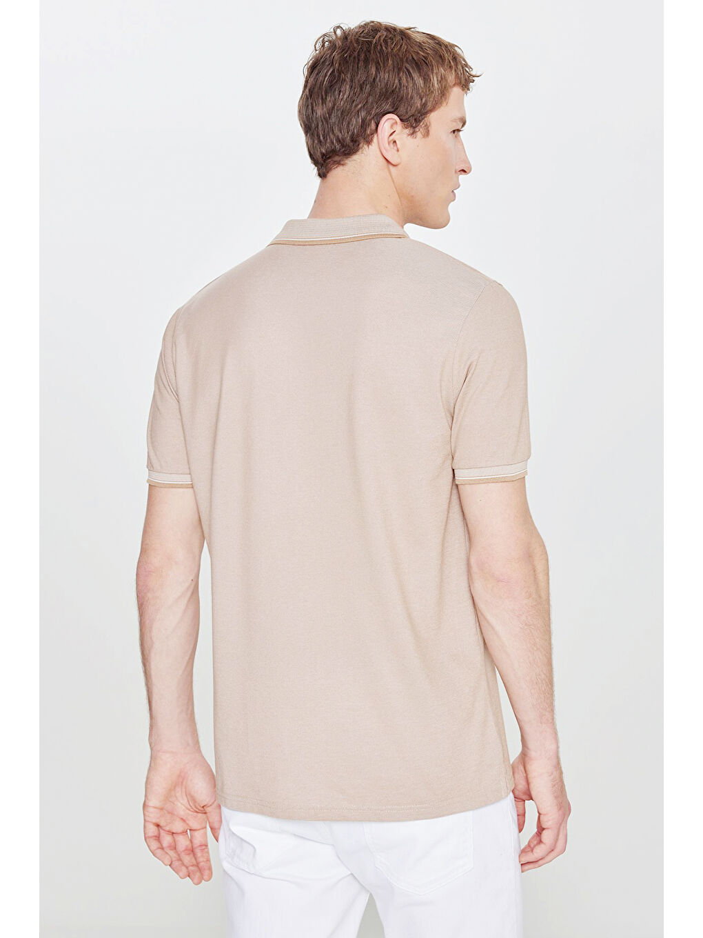 Bej Erkek Vizon Pamuklu Comfort Fit Rahat Kesim Polo Yaka Cepli Tişört-5