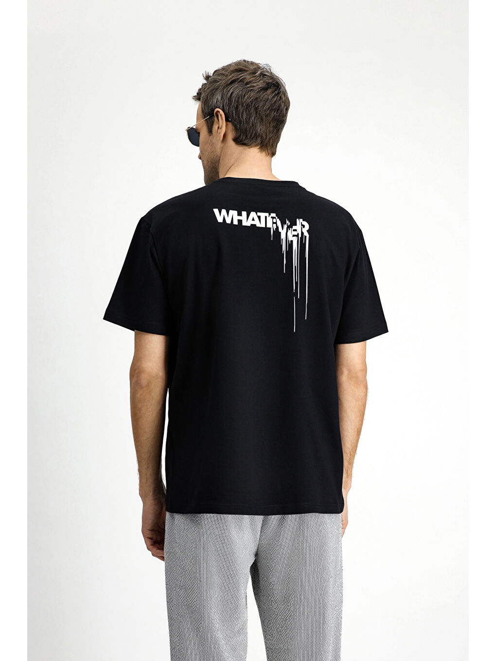 Siyah Bisiklet Yaka Oversize Pamuk Baskılı Tişört-4