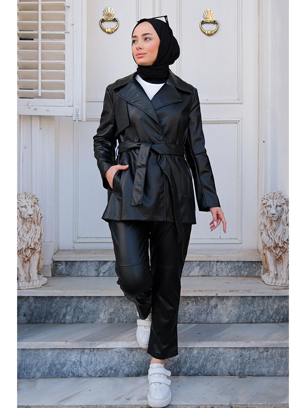 Kadın Kemerli Blazer Deri Ceket Siyah-4