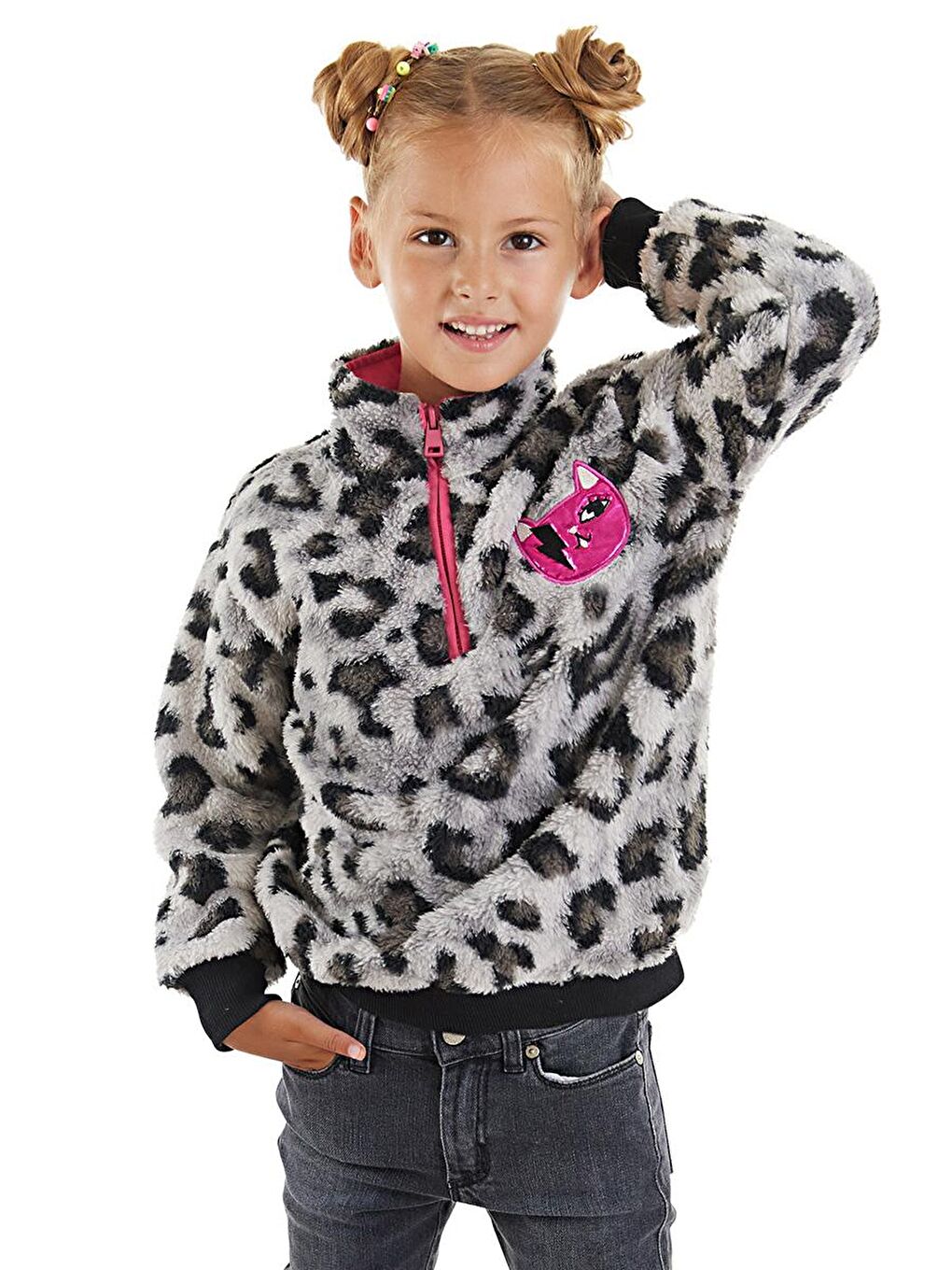 MSHB&G Gri-Siyah Leoparlı Kız Çocuk Peluş Sweatshirt