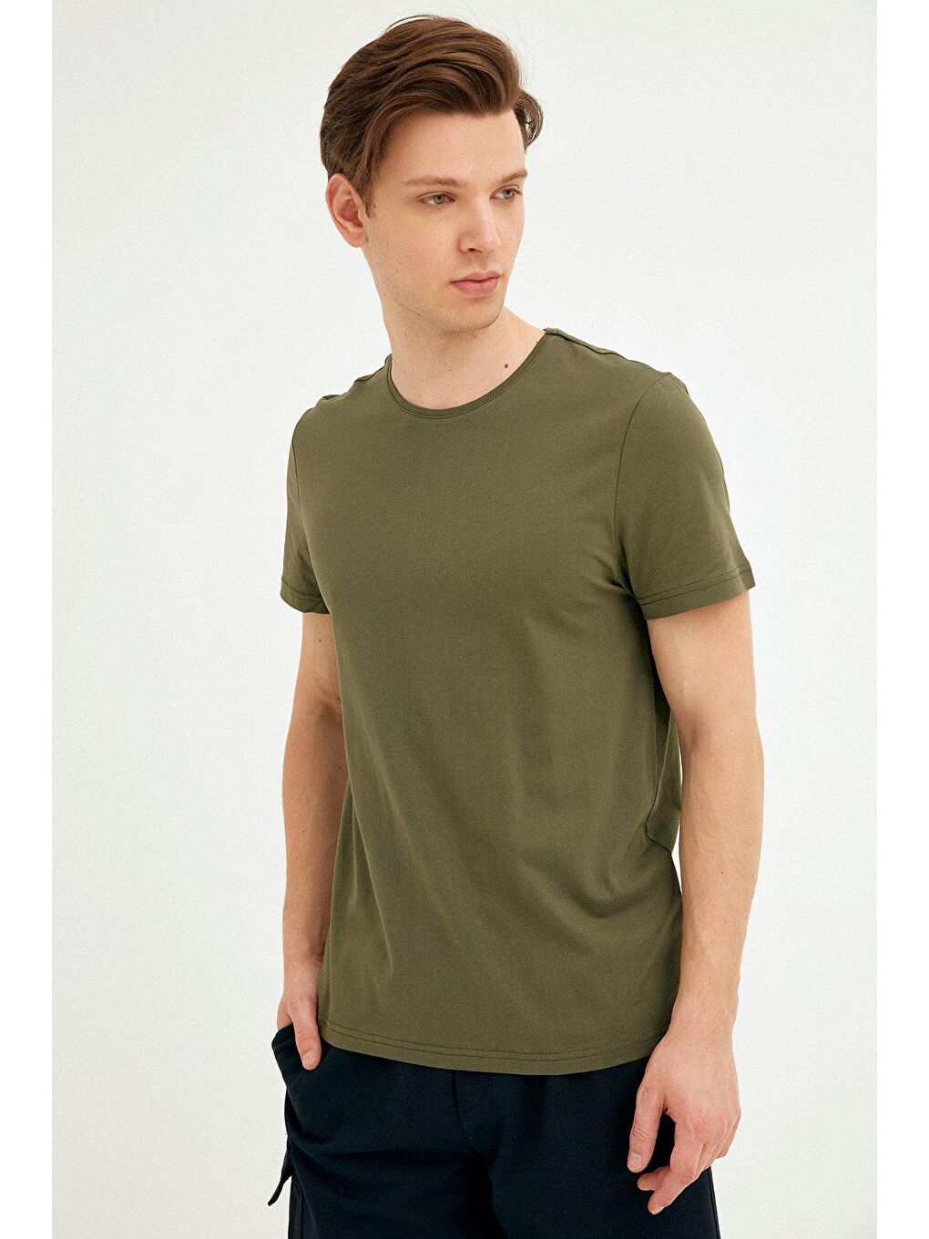 Haki Bisiklet Yaka Basic Tişört-1