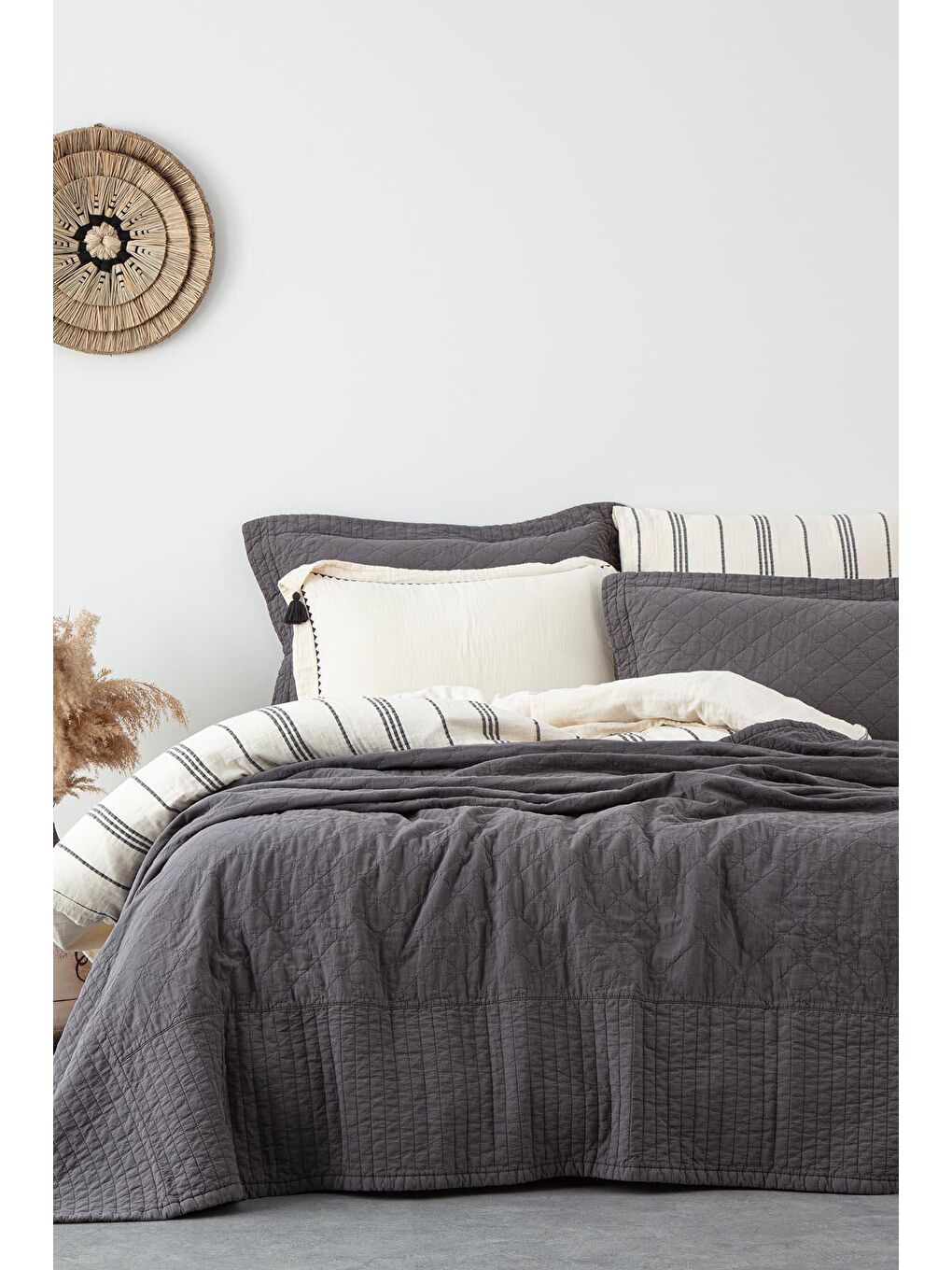 Antrasit Reha Çift Kişilik Yatak Örtüsü Takımı %100 Pamuk