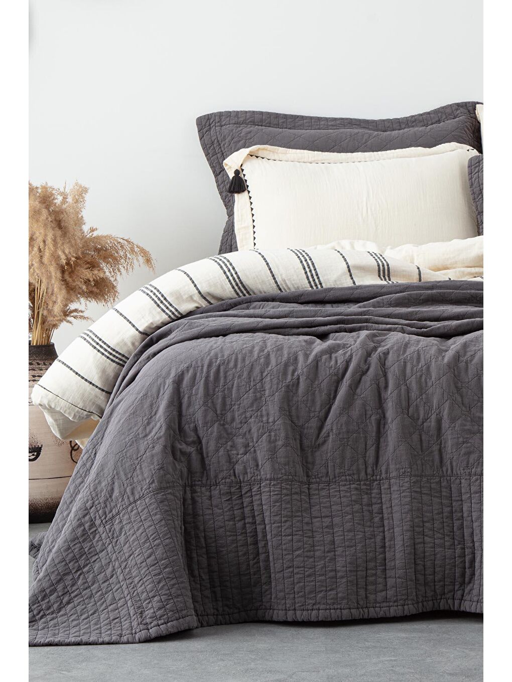 Antrasit Reha Çift Kişilik Yatak Örtüsü Takımı %100 Pamuk-1