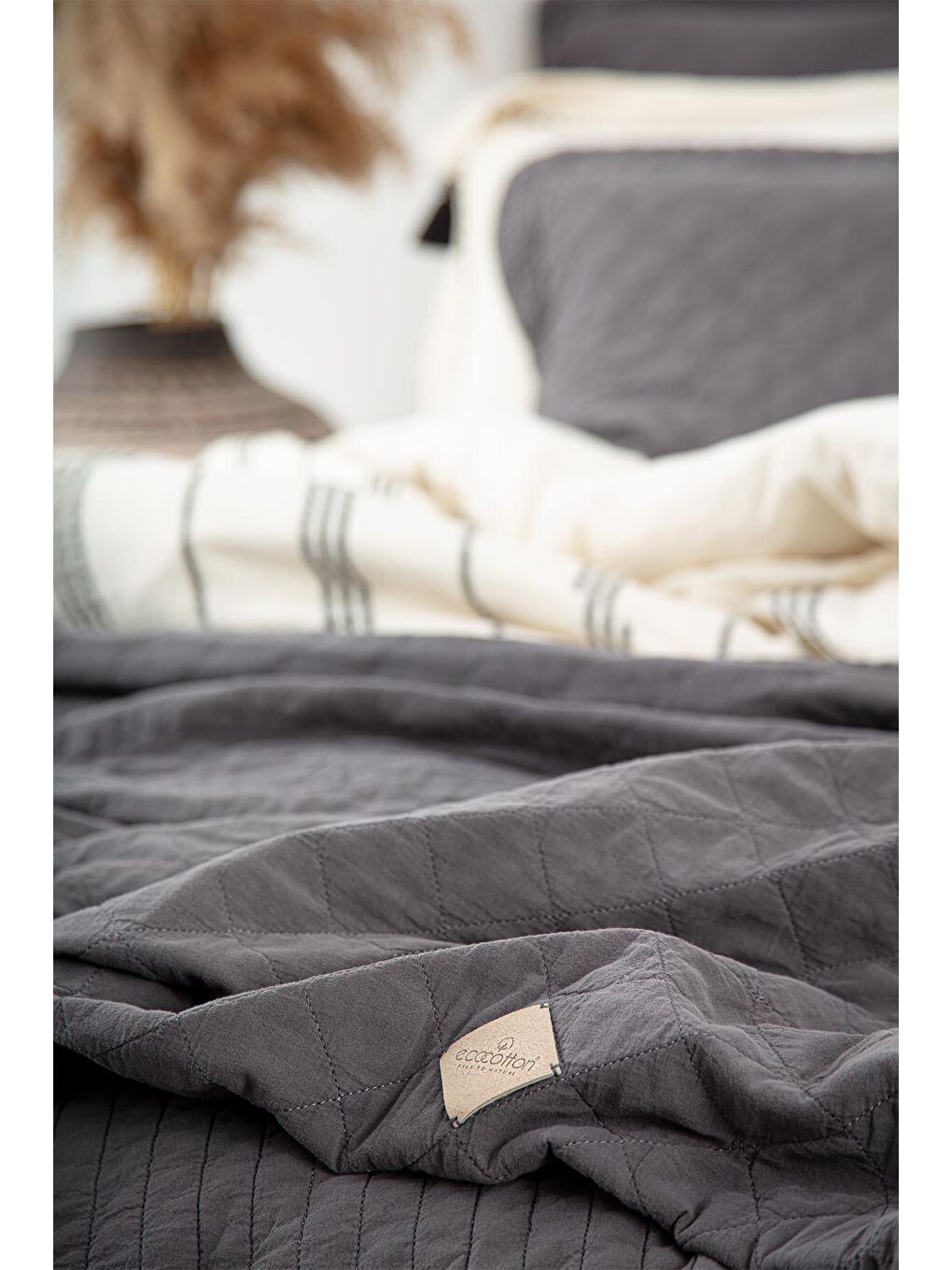 Antrasit Reha Çift Kişilik Yatak Örtüsü Takımı %100 Pamuk-2