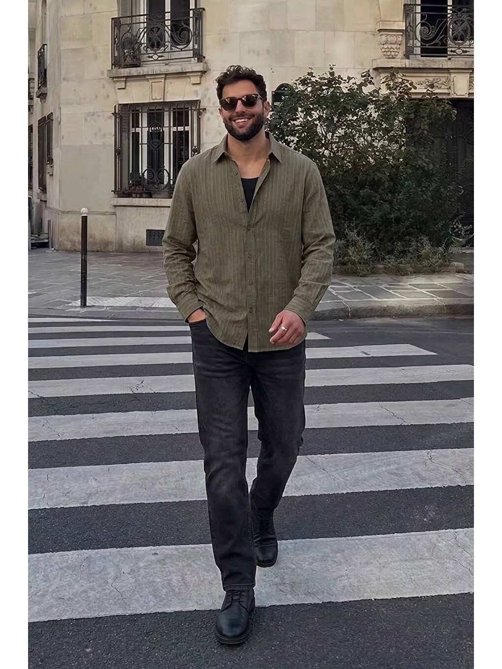 Erkek Oversize Çizgili Keten Karışımlı Gömlek Haki-2