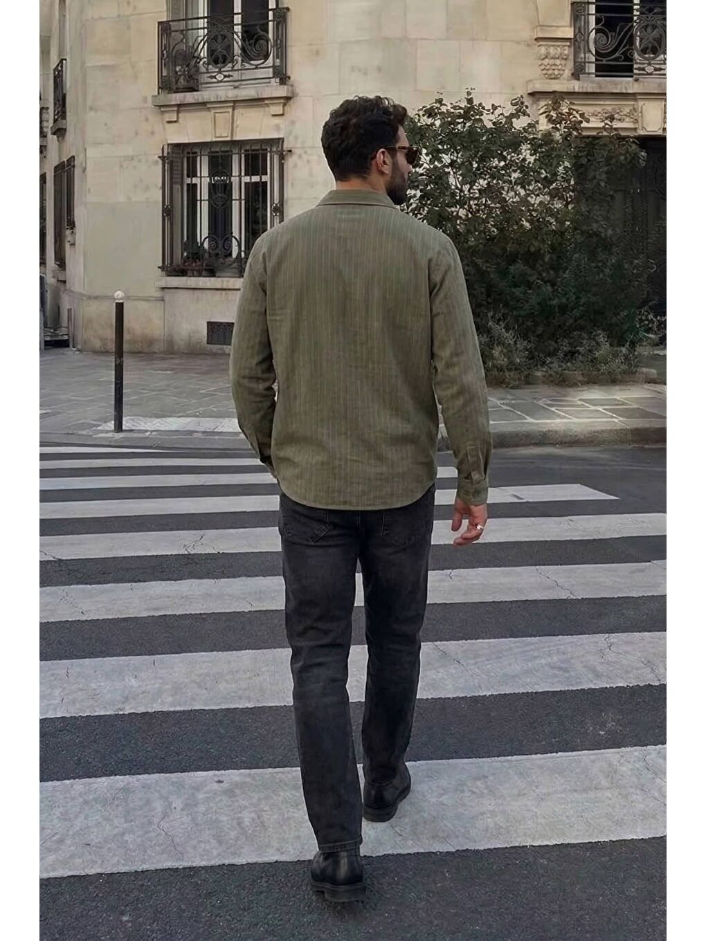 Erkek Oversize Çizgili Keten Karışımlı Gömlek Haki-3
