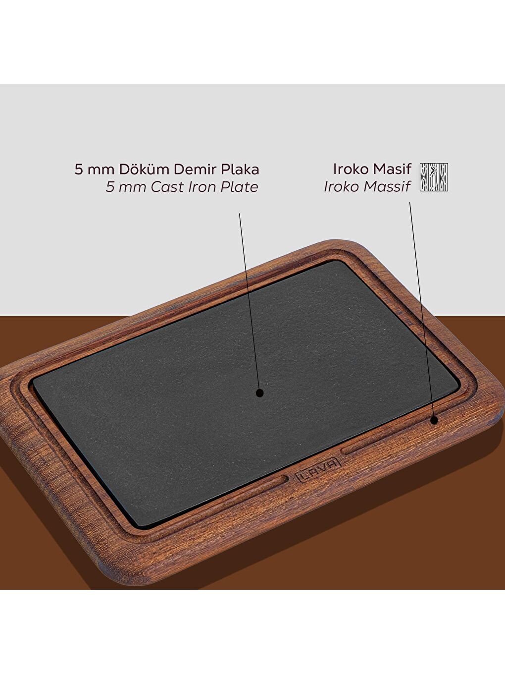 Kahverengi Iroko Ağacı Dikdörtgen Servis Ahşabı ve Döküm Demir Plaka. Ölçü 20x30cm.-3