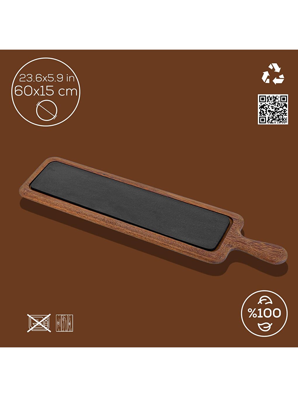 Kahverengi Iroko Ağacı Dikdörtgen Servis Ahşabı ve Döküm Demir Plaka. Ölçü 60x15cm.-1