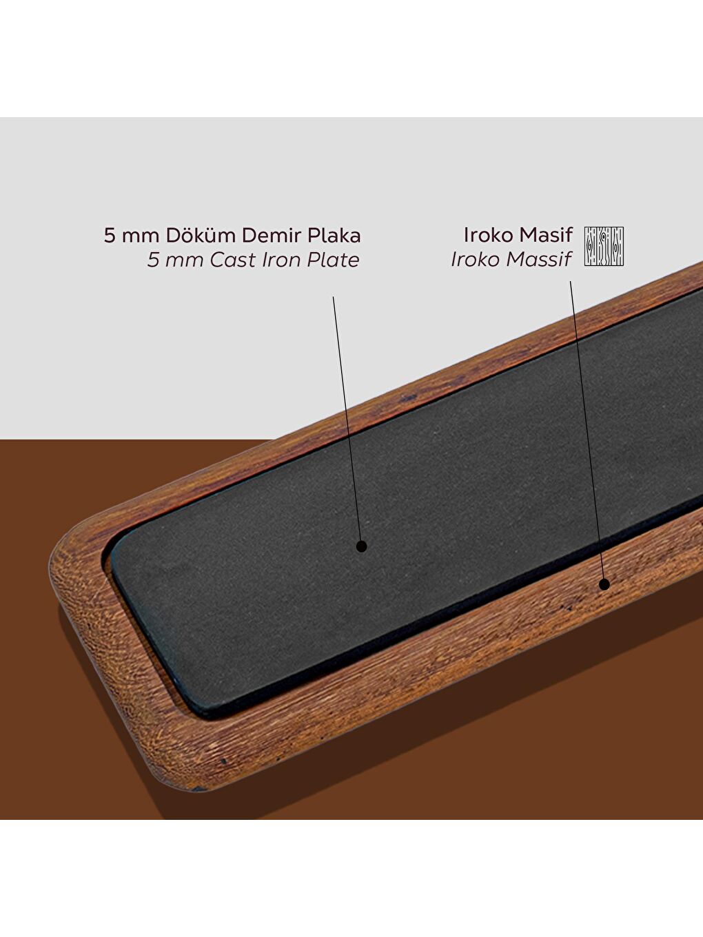 Kahverengi Iroko Ağacı Dikdörtgen Servis Ahşabı ve Döküm Demir Plaka. Ölçü 60x15cm.-3
