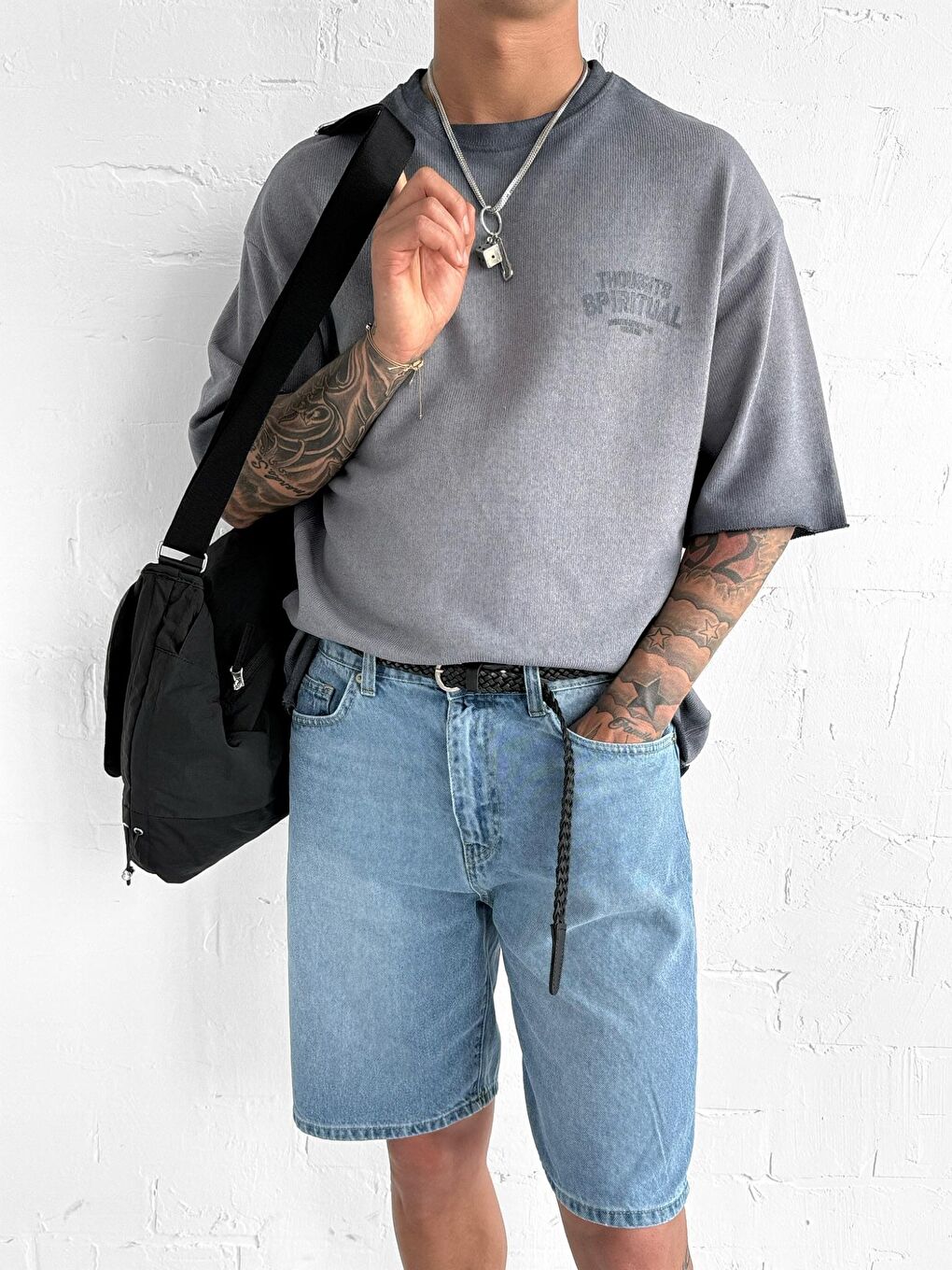 Erkek Yıkamalı Oversize Tişört Gri-1